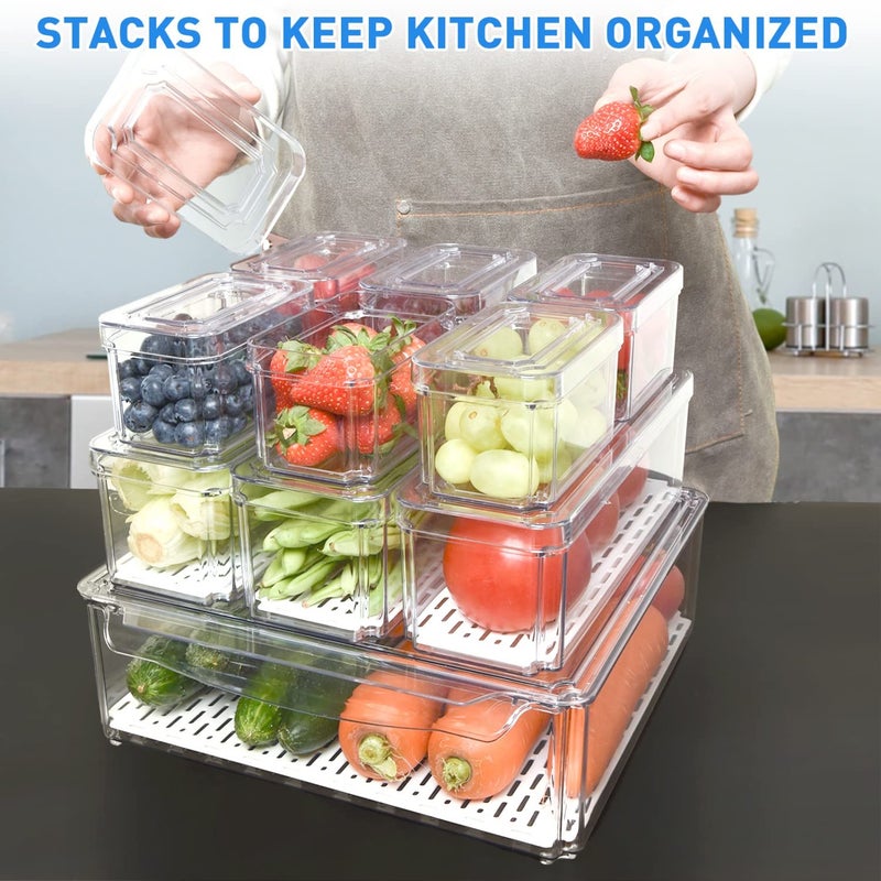 SenseYo Pomeat 10 Pack Fridge Organizer, Stackable Refrigerator Bins with Lids, BPA-Free Produce Fruit Storage Containers for Fridge, Clear for Food, Drinks, Vegetable - Image 2