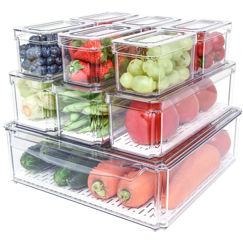 SenseYo Pomeat 10 Pack Fridge Organizer, Stackable Refrigerator Bins with Lids, BPA-Free Produce Fruit Storage Containers for Fridge, Clear for Food, Drinks, Vegetable - Image 1