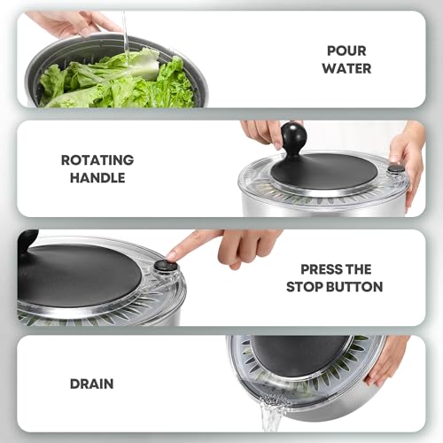 SveBake 5.3Qt Stainless Steel Salad Spinner with Stop Button, BPA-Free Vegetable Lettuce Spinner, Transparent Lid & Drainage Hole, Non-Slip Base, Dishwasher Safe Fruit Washer - Image 4