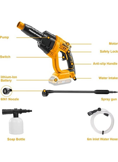 INGCO Cordless Pressure Washer 20V Lithium-Ion Power Washer 24.8Bar Pressure 2.2L/min Flow Rate 6-way Nozzle 6M Hose( Body Only) CPWLI2008