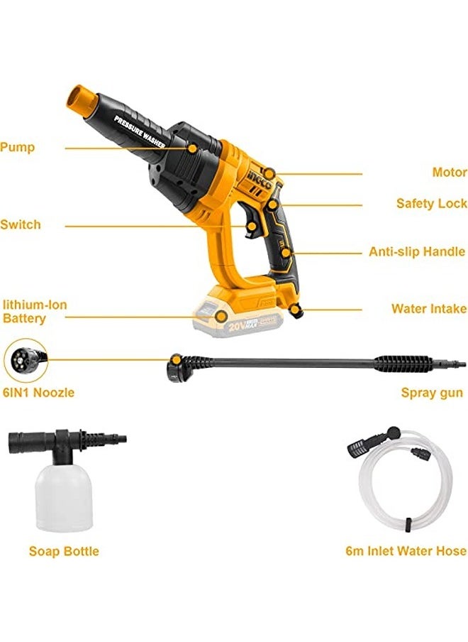 INGCO Cordless Pressure Washer 20V Lithium-Ion Power Washer 24.8Bar Pressure 2.2L/min Flow Rate 6-way Nozzle 6M Hose( Body Only) CPWLI2008