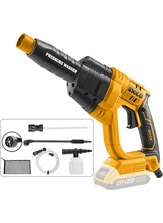 INGCO Cordless Pressure Washer 20V Lithium-Ion Power Washer 24.8Bar Pressure 2.2L/min Flow Rate 6-way Nozzle 6M Hose( Body Only) CPWLI2008