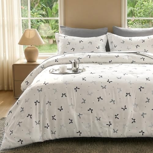 Jameswish 7 Pieces Black Bow Comforter Set for Girls Kids Soft Fluffy Bedding Set Full Size Bed in A Bag as Gifts (1 Comforter, 1 Flat Sheet, 1 Fitted Sheet, 2 Pillowcase and 2 Pillow Sham) - Image 1