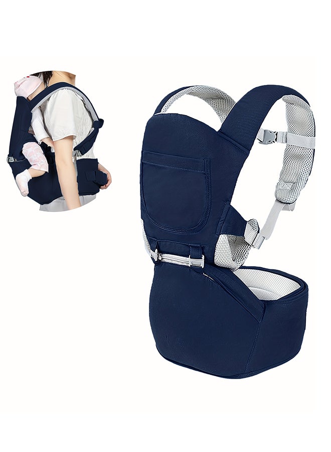 Blue Multifunctional 3-in-1 Baby Carrier with Waist Stool & Hip Seat - Ergonomic Design for Newborn to Toddler, Made of 100% Premium Cotton for All-Season Comfort, Adjustable for Parents, Suitable Babies Aged 0-36 Months - Image 1