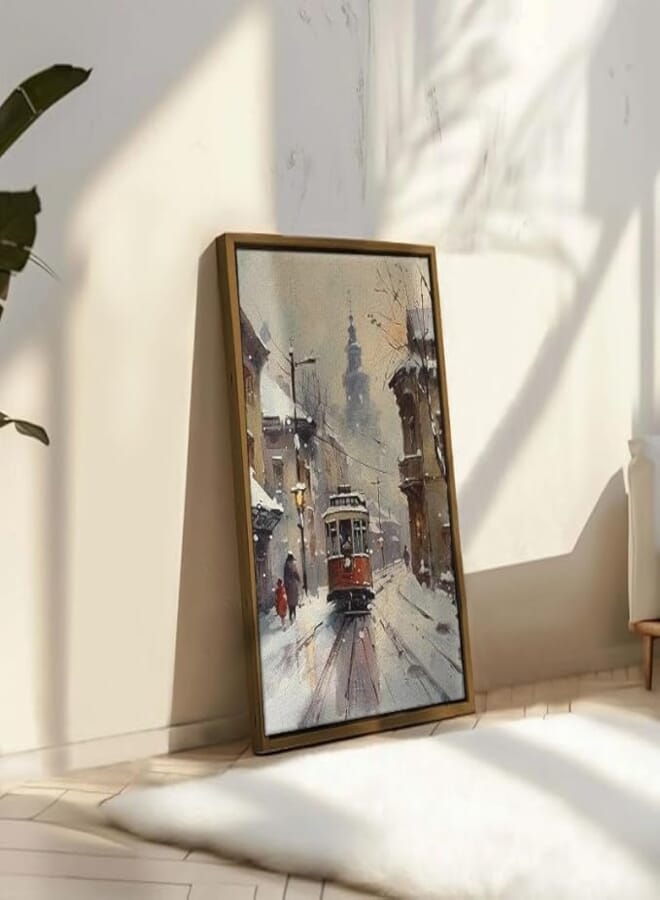 Abstract red tram snow Print Framed Wall Art 60x40 