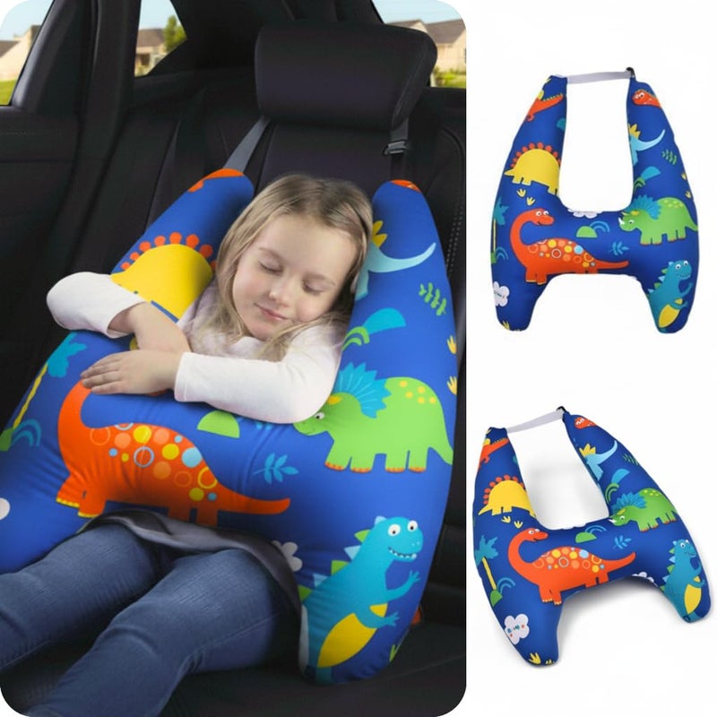 eaonitu Travel Pillow Car Cushion for Kids 6 Years Old+ Shoulder Neck Back Support & Seat Belt Comfort, Road Trip Cozy Sleeping Gift for Young Travelers, Parents, Families, Baby Shower (Dinosaur Blue) - Image 1