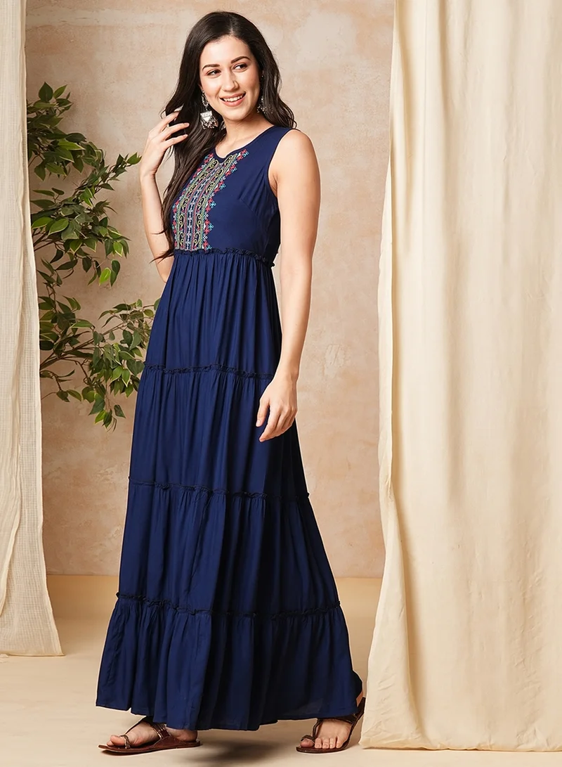 globus Globus Women Embroidered Yoke Sleeveless Tiered Maxi Dress
