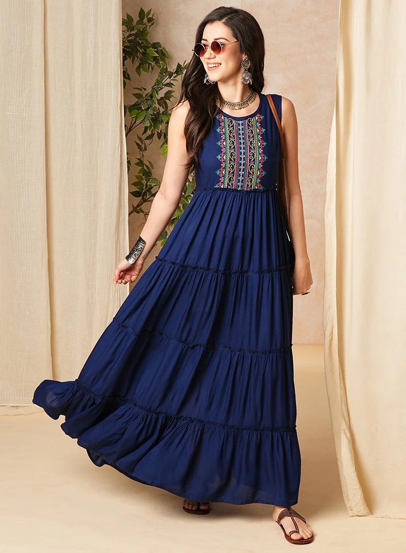 globus Globus Women Embroidered Yoke Sleeveless Tiered Maxi Dress