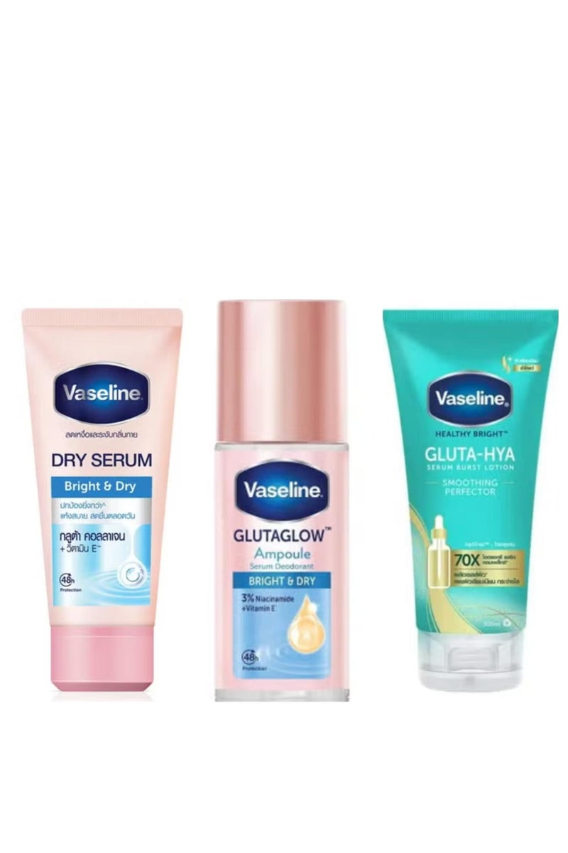 فازلين أفضل مجموعة للجسم، ثلاث قطع: سيروم جلوتا هيا الصحي المشرق، لوشن التنعيم، مثالي، 300 مل، مزيل عرق، سيروم جاف مشرق ومصلح، 45 مل، رول أون، أمبولة جلوتا جلو المشرقة والجافة، مزيل عرق، 45 مل