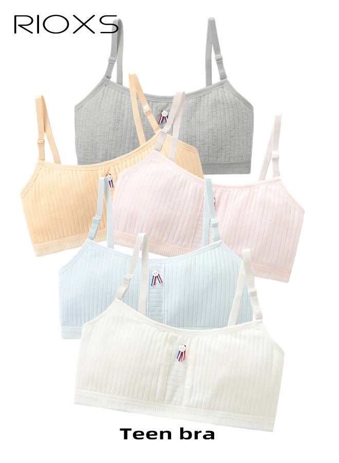 ريوكس مجموعة الملابس الداخلية للفتيات المراهقات، حمالة صدر مريحة، حمالة صدر قطنية كامي لاسلكية، ملابس داخلية خفيفة الوزن قابلة للتنفس لفتيات صغيرات، رقيقة مرنة شرائط كتف قابلة للضبط، حمالة صدر فتاة مراهقة، حزمة من 5. - Image 1