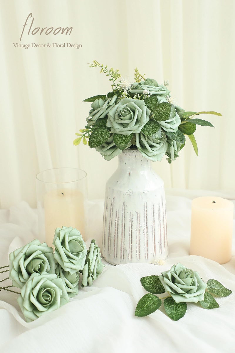 Floroom Artificial Flowers 25pcs Real Looking Elf Green Foam Fake Roses with Stems for DIY Wedding Bouquets Bridal Shower Centerpieces Sage Green Floral Arrangements Home Decorations - Image 2