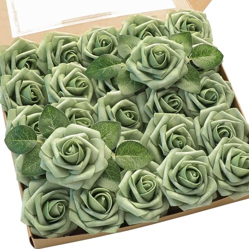 Floroom Artificial Flowers 25pcs Real Looking Elf Green Foam Fake Roses with Stems for DIY Wedding Bouquets Bridal Shower Centerpieces Sage Green Floral Arrangements Home Decorations - Image 1