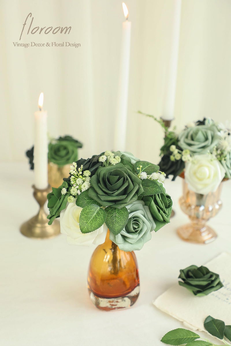 Floroom Artificial Flowers 25pcs Real Looking Elf Green Foam Fake Roses with Stems for DIY Wedding Bouquets Bridal Shower Centerpieces Sage Green Floral Arrangements Home Decorations - Image 5