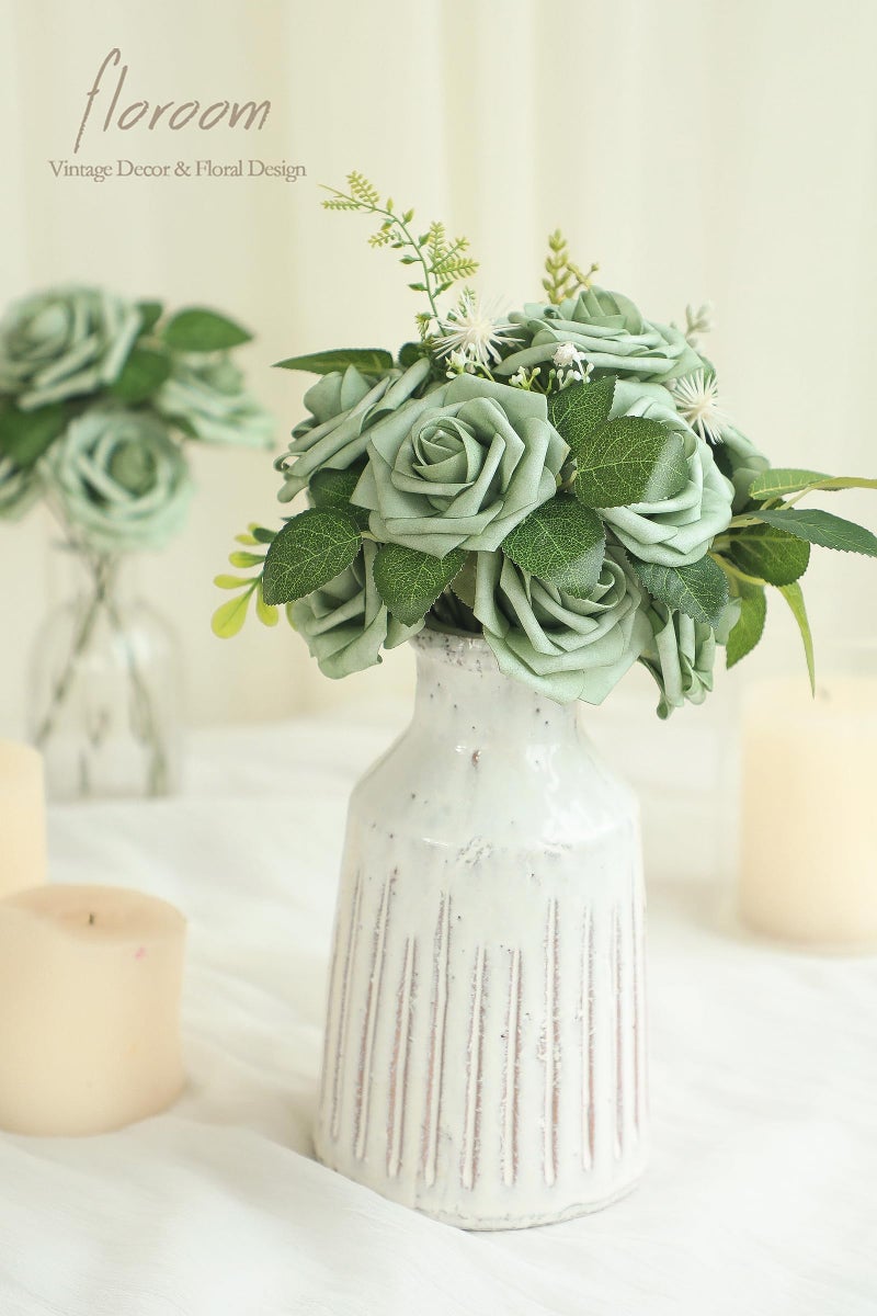 Floroom Artificial Flowers 25pcs Real Looking Elf Green Foam Fake Roses with Stems for DIY Wedding Bouquets Bridal Shower Centerpieces Sage Green Floral Arrangements Home Decorations - Image 3