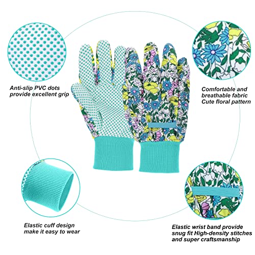 JUMPHIGH 4 Pairs Garden Gloves for Women, Floral with Non-Slip PVC Dots, Ladies Soft Breathable Yard Work Light Working Gloves, Elastic Knit Wrist, Large - Image 3
