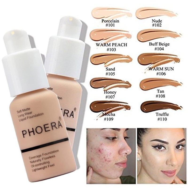 Hilareco PHOERA Foundation, PHOERA Matte Liquid Foundation,PHOERA Makeup for Women, PHOERA Foundation Full Coverage Concealer, 30ml 24HR Matte Oil Control Concealer (102- Nude*2) - Image 2
