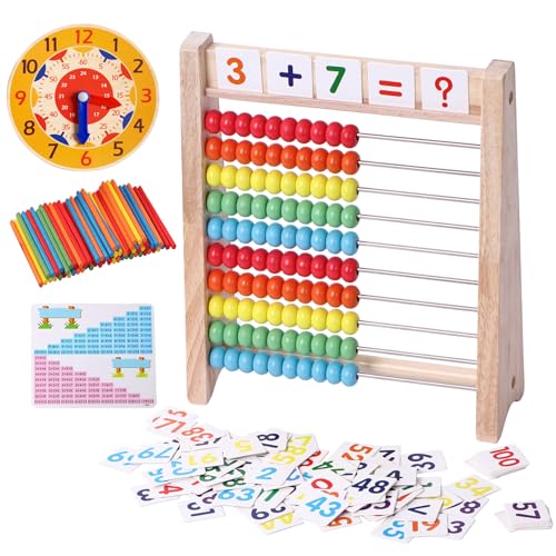 Flzoaveus Wooden Abacus for Kids Math Manipulatives Learning Clock for 5 6 7 8 Year Old Boys Girls 1st 2nd Grade Math Counters 100 Counting Sticks Montessori Preschool Educational Math Toys Homeschool Supplies - Image 1