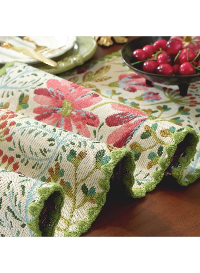 Spring Botanical Floral Jacquard Table Runner with Lace Edging, Green, 12 x 82 Inch - Image 4