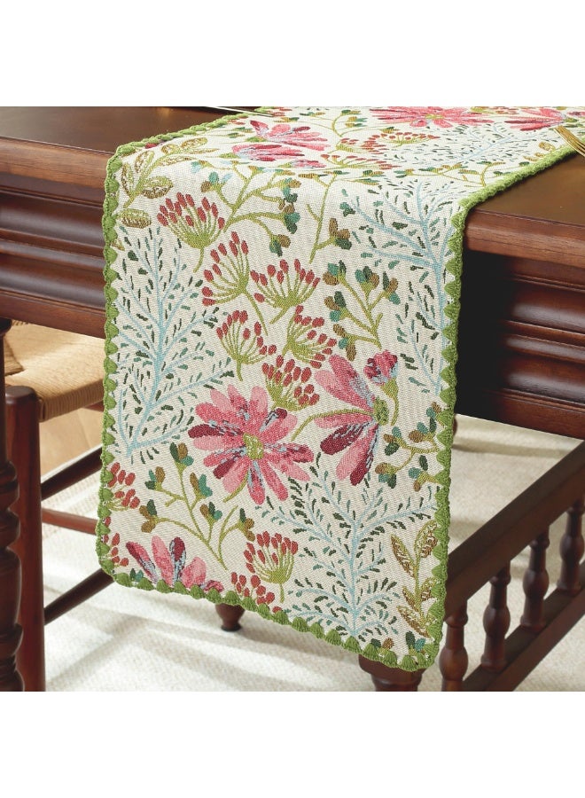 Spring Botanical Floral Jacquard Table Runner with Lace Edging, Green, 12 x 82 Inch - Image 3