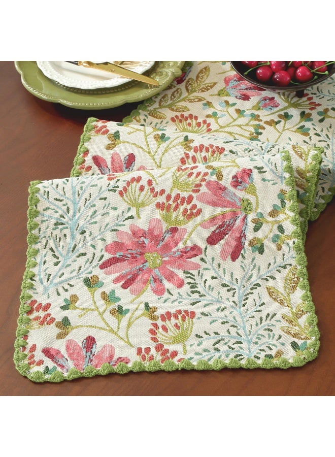 Spring Botanical Floral Jacquard Table Runner with Lace Edging, Green, 12 x 82 Inch - Image 1