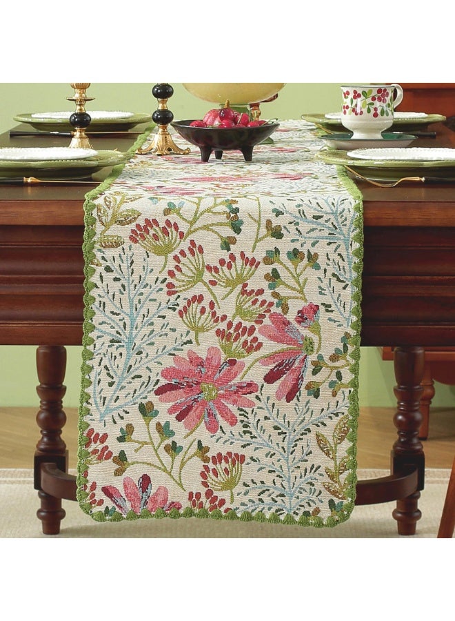 Spring Botanical Floral Jacquard Table Runner with Lace Edging, Green, 12 x 82 Inch - Image 2