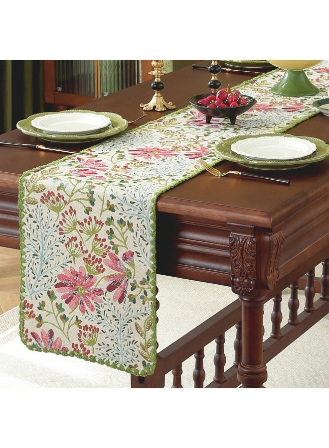 Spring Botanical Floral Jacquard Table Runner with Lace Edging, Green, 12 x 82 Inch - Image 5