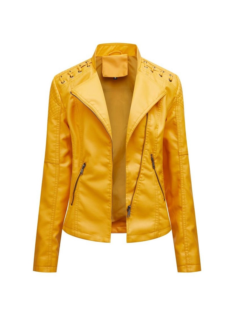 Loquat 2023 New Women's Leather Short Jacket Slim Fit Thin Leather Coat Yellow  - Image 1