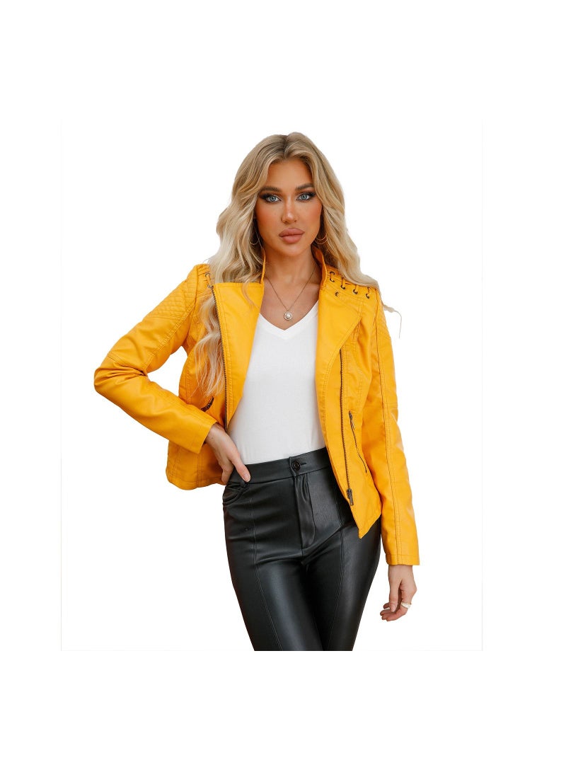 Loquat 2023 New Women's Leather Short Jacket Slim Fit Thin Leather Coat Yellow  - Image 2