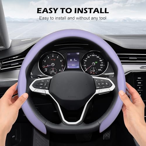 Frani Nappa Leather Steering Wheel Cover,Universal Fit 15 Inch-Premium Non-Slip Breathable Comfort Grip for Cars Trucks SUVs,Anti-Slip Durable Interior Upgrade Light Purple - Image 4