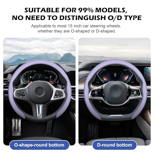 Frani Nappa Leather Steering Wheel Cover,Universal Fit 15 Inch-Premium Non-Slip Breathable Comfort Grip for Cars Trucks SUVs,Anti-Slip Durable Interior Upgrade Light Purple - Image 3