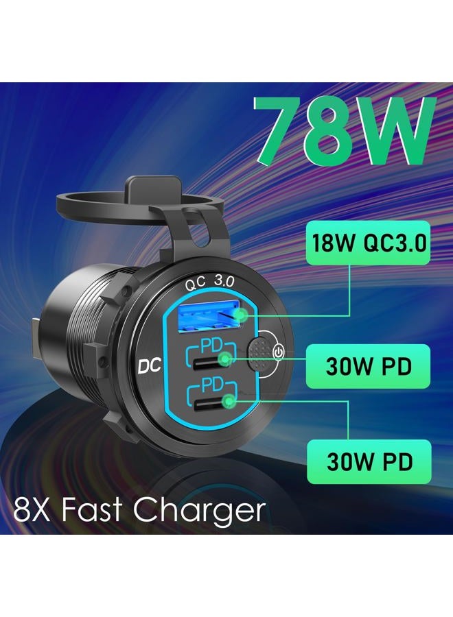 Qidoe 12V USB Outlet 78W for iPhone Qidoe Dual 60W PD&18W QC3.0 Dual USB Charger Socket with Switch Waterproof Aluminum Power Outlet for Marine Motorcycle Truck - Image 2