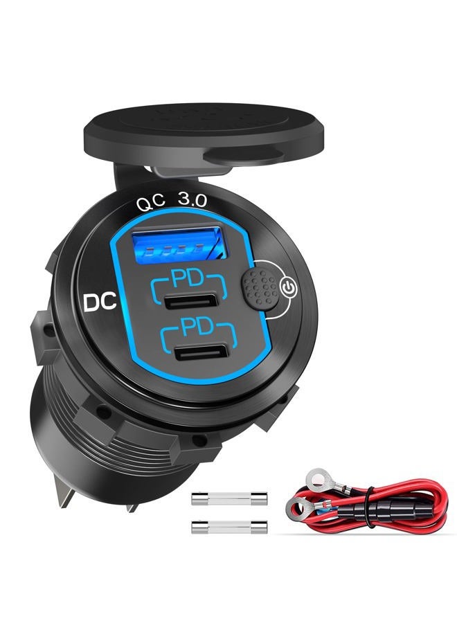 Qidoe 12V USB Outlet 78W for iPhone Qidoe Dual 60W PD&18W QC3.0 Dual USB Charger Socket with Switch Waterproof Aluminum Power Outlet for Marine Motorcycle Truck - Image 1