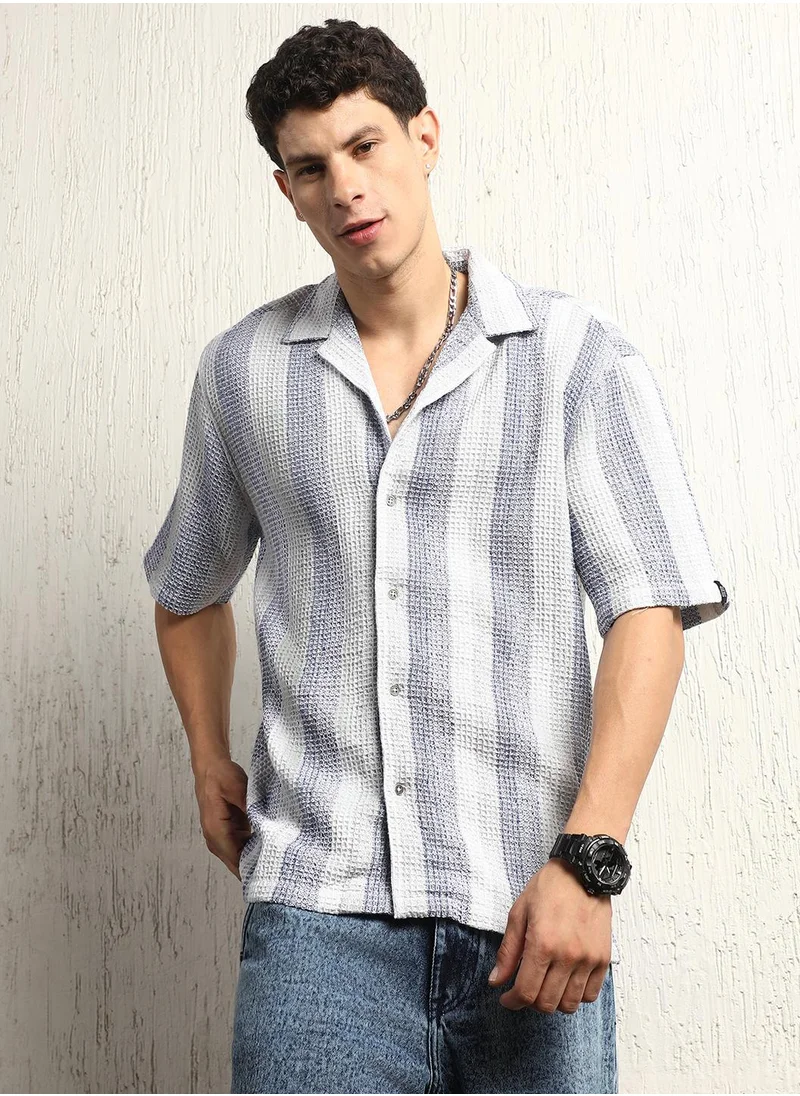 هوبرهولمي Blue Waffle Striped Shirt for Men, Half Sleeve Relaxed Fit