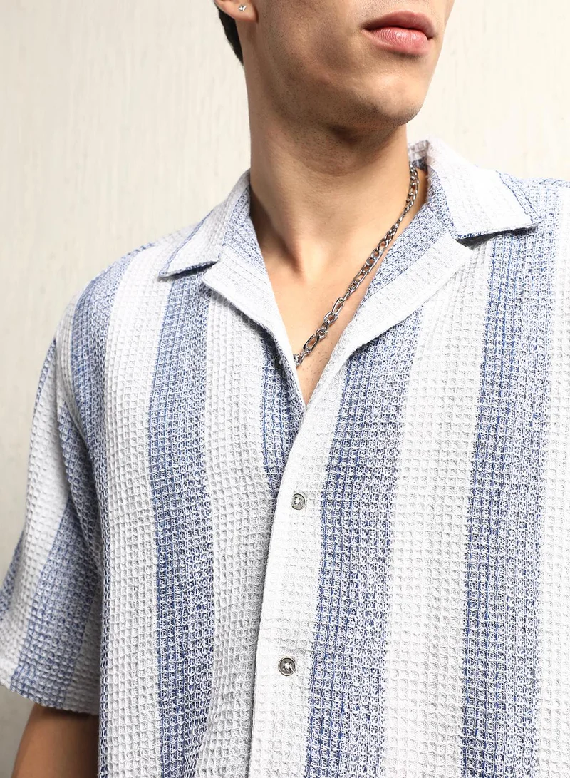 Hubberholme  Blue Waffle Striped Shirt for Men, Half Sleeve Relaxed Fit for Men | Best Price UAE