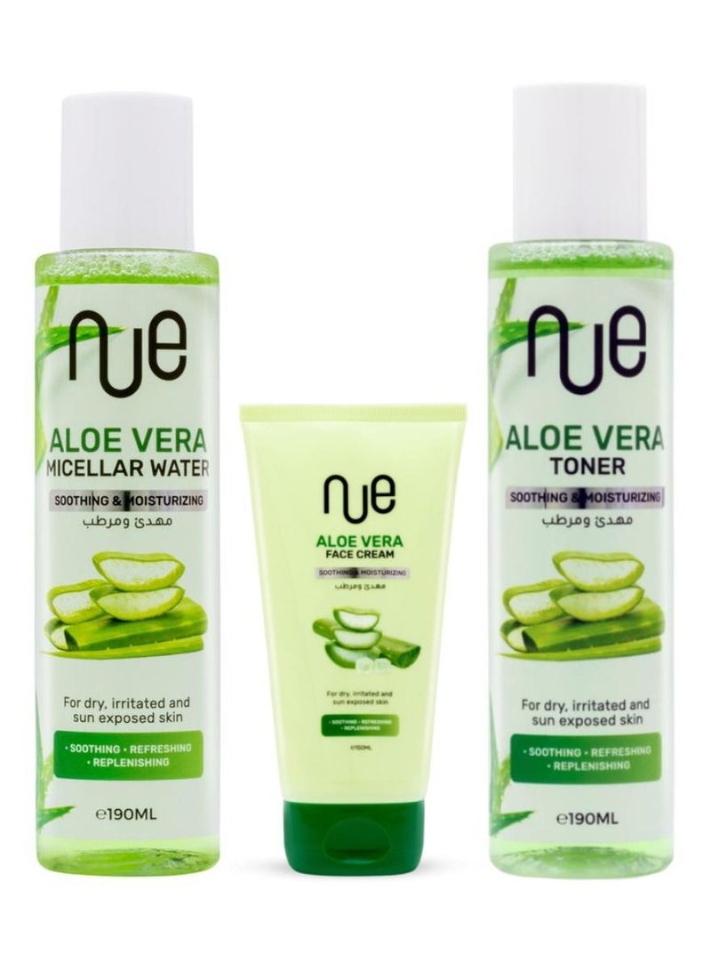 Nue Nue Aloe Vera Soothing Moisturizing Face Pack Set Skin Care Bundle - Micellar Cleansing Water 190ml, Toner 190ml, Face Cream 150ml  - Image 1