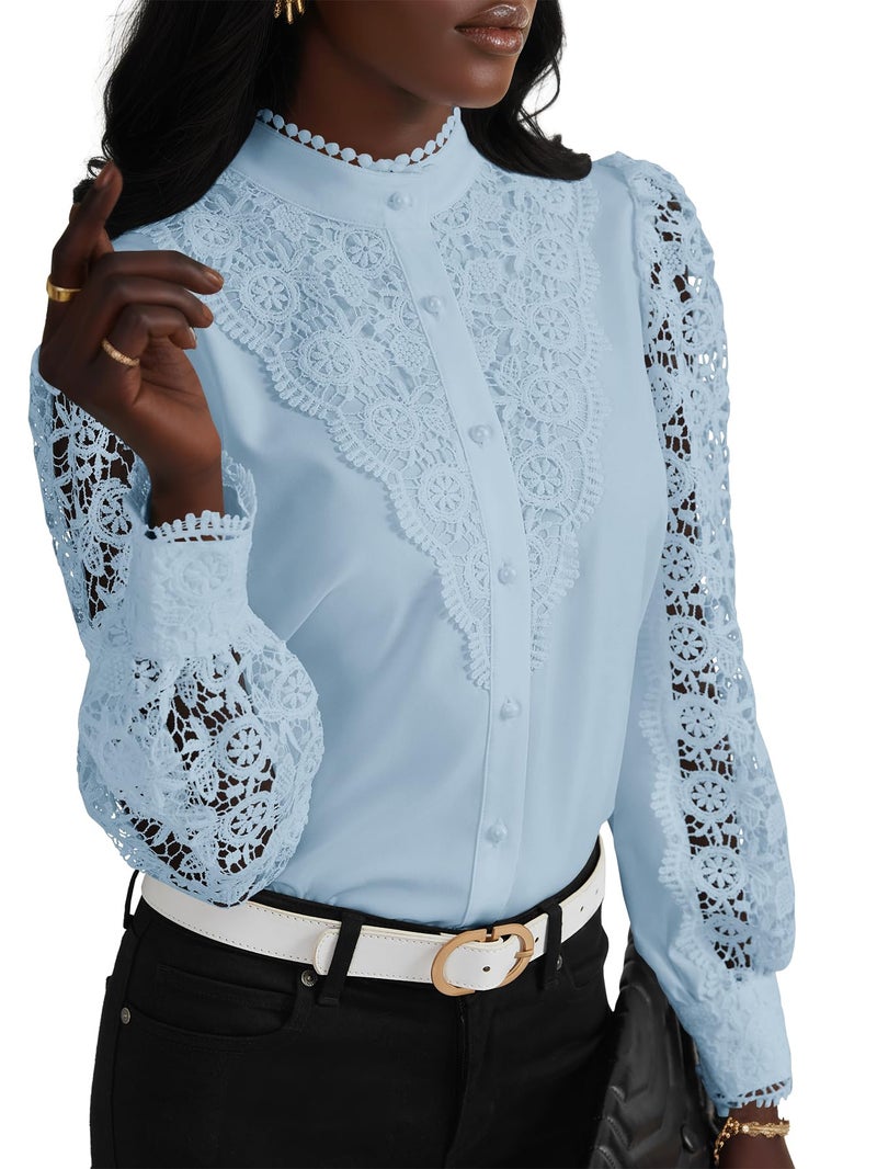 Rooscier Women's Lace Crochet Mock Neck Long Sleeve Button Elegant Blouse Shirt Top Light Blue Medium - Image 1