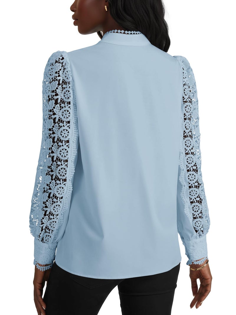 Rooscier Women's Lace Crochet Mock Neck Long Sleeve Button Elegant Blouse Shirt Top Light Blue Medium - Image 5