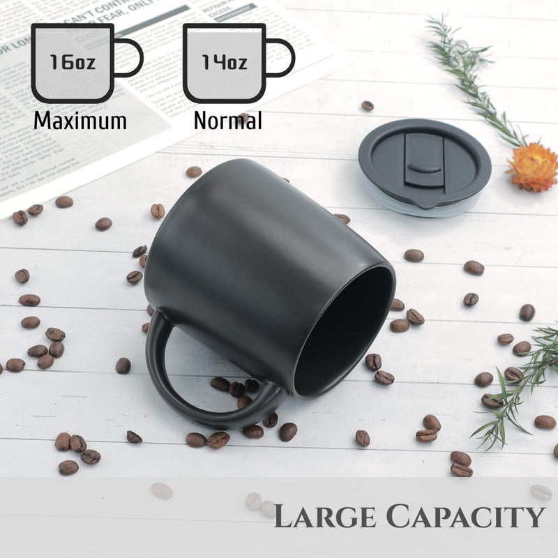 LINVIA Classic Mug, 14 oz Large Coffee Mug with Handle, Ceramic Porcelain Tea Cup, Smooth Matte (Sliding Lid, Black) - Image 3