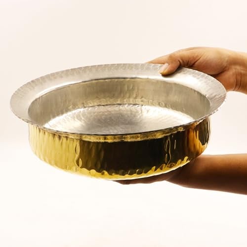 Putrika Brass Hammered Laagan|Cooking Utensil Patile|Tope|Cookware|Tapeli|Peetal|Urli|Ponichatti|Thiruvaradhana Bowl |Tharpana Chatti|Abhisheka Pathram for Pooja|Puja[10 Inch]-Hammered Laadan Bowl - Image 2