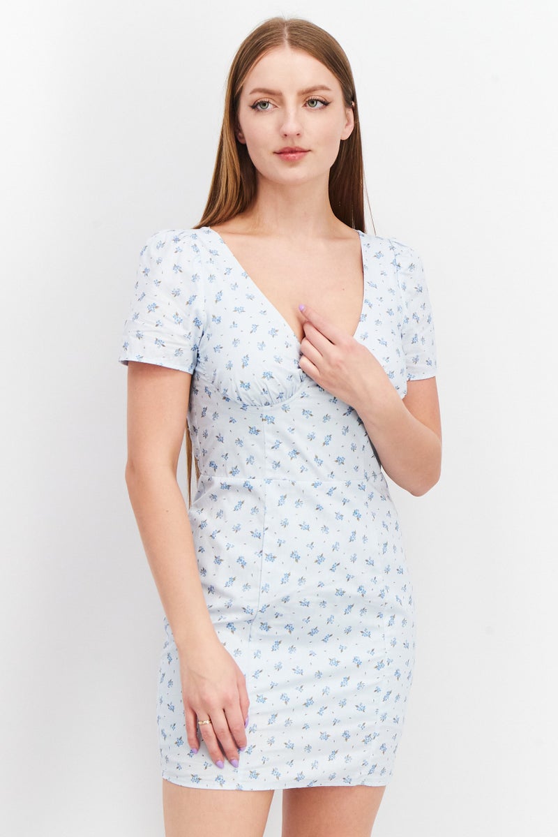 NA-KD Women Allover Print Cups Detail Mini Dress, Blue - Image 1