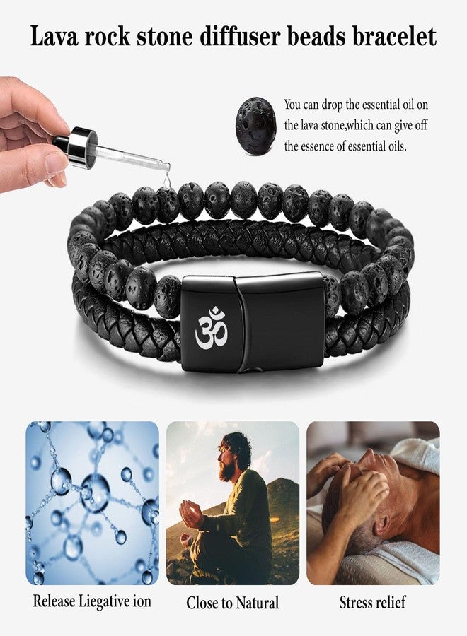 MEALGUET Men's Lava Rock Bead Bracelet Healing Balancing Braided Leather Bracelets with Clasp, Om Symbol Bracelets,8.4" - Image 5