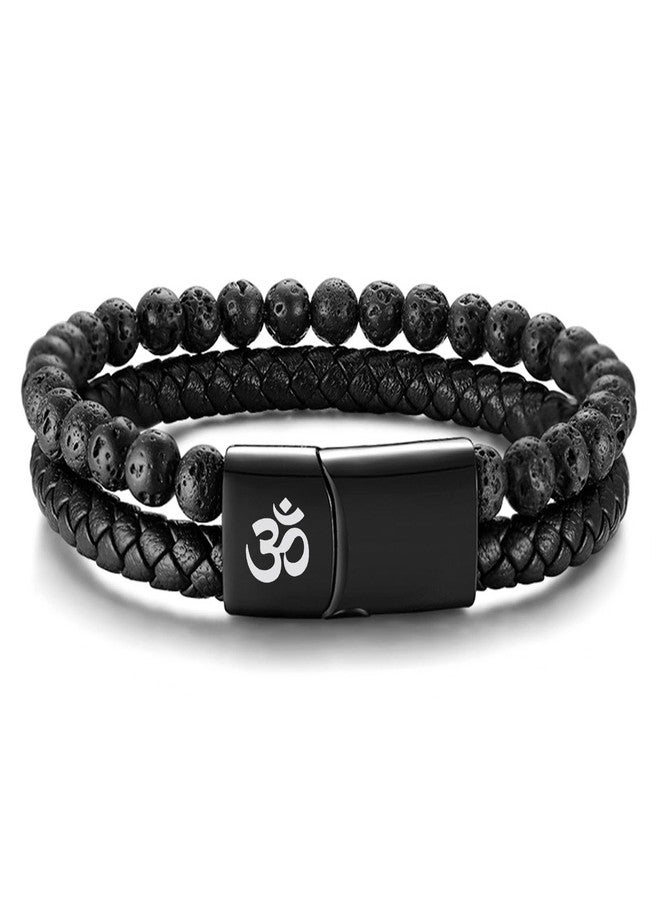 MEALGUET Men's Lava Rock Bead Bracelet Healing Balancing Braided Leather Bracelets with Clasp, Om Symbol Bracelets,8.4" - Image 1