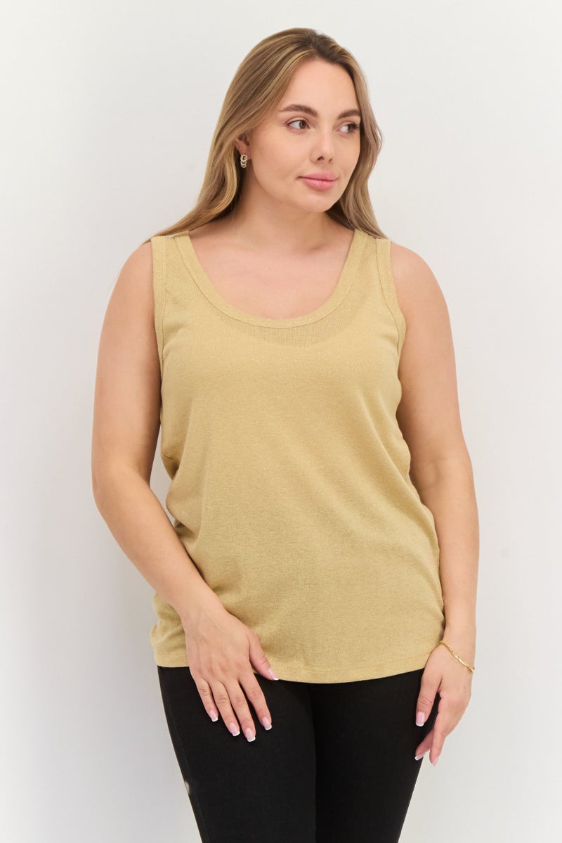 ESPRIT Women Scoop Neck Sleeveless Metallic Tank Top, Beige - Image 1