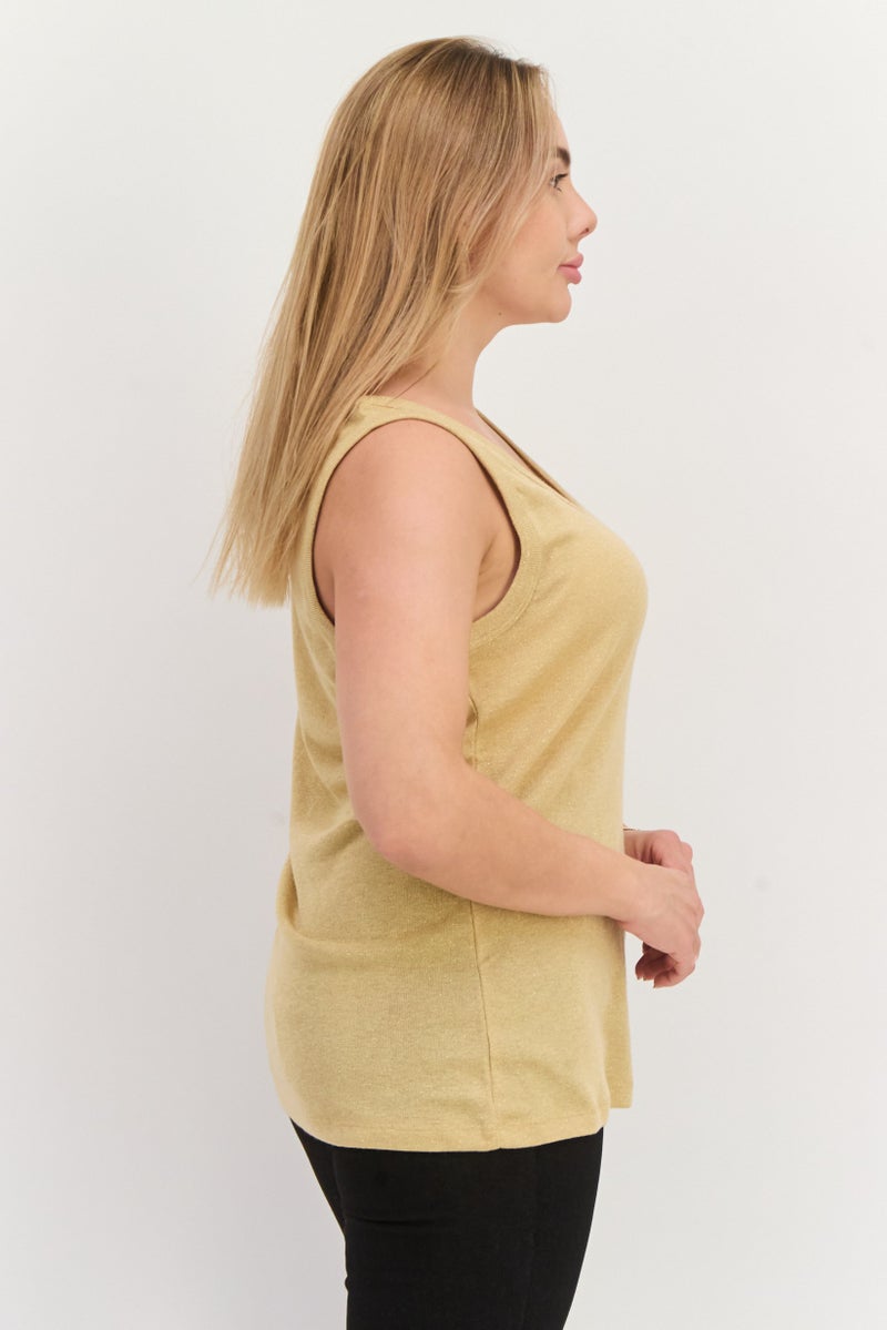 ESPRIT Women Scoop Neck Sleeveless Metallic Tank Top, Beige - Image 2