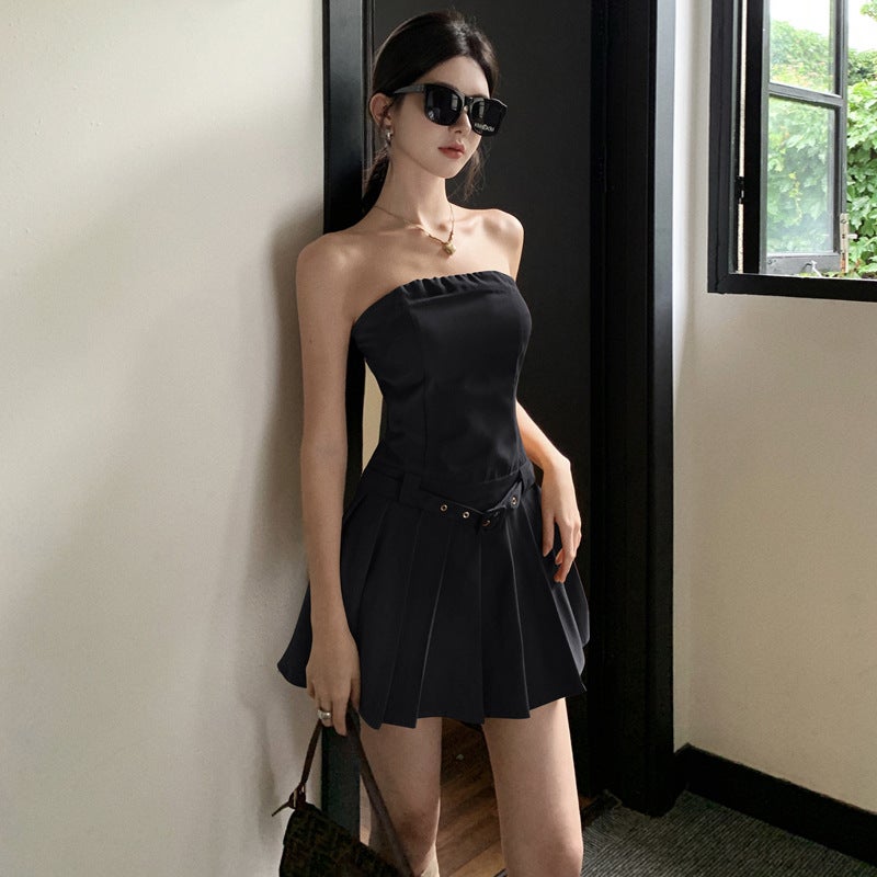 WDS4277 European and American 2024 Cross-border Foreign Trade Sexy Spice Girl Strapless Backless Slim Fit Pleated dress Women Black - Image 1