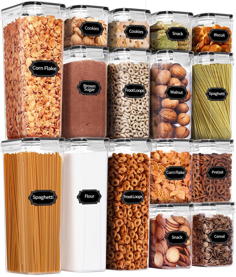 PRAKI Airtight Food Storage Containers Set, 16 Pcs BPA Free Plastic Dry Food Canisters for Kitchen Pantry Organization and Storage Ideal for Cereal, Flour & Sugar - Labels, Marker(Black) - Image 1