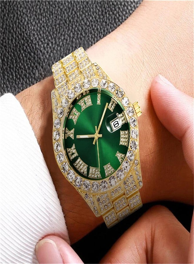 CdyBox 3Pack Men Hip Hop Watch with Roman Scale Calendar Crystal Rhinestone Watches Stainless Steel Iced-Out Wrist Watch - Image 4