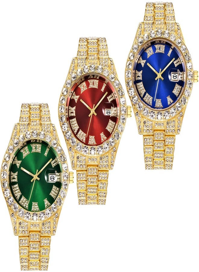 CdyBox 3Pack Men Hip Hop Watch with Roman Scale Calendar Crystal Rhinestone Watches Stainless Steel Iced-Out Wrist Watch - Image 1