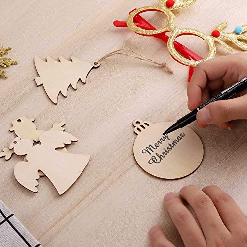 Tmflexe 50 Pcs Unfinished Paintable Blank Wooden Christmas Festival Decoration Ornaments, Xmas Tree Hanging Wood Slices for Kids DIY Art Crafts, 5 Designs-Christmas Tree, Snowman, Stars, Angel, Round - Image 2