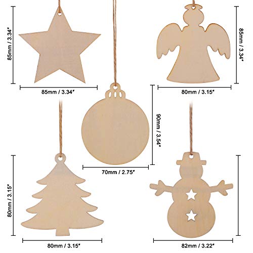 Tmflexe 50 Pcs Unfinished Paintable Blank Wooden Christmas Festival Decoration Ornaments, Xmas Tree Hanging Wood Slices for Kids DIY Art Crafts, 5 Designs-Christmas Tree, Snowman, Stars, Angel, Round - Image 4